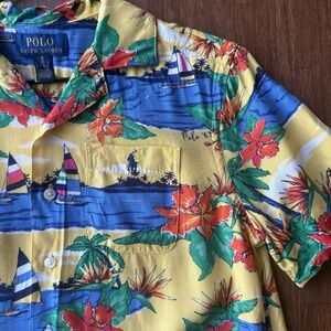 POLO RALPH LAUREN Tropical Camp Shirt Boys Medium 10-12 Yellow Hawaiian Button